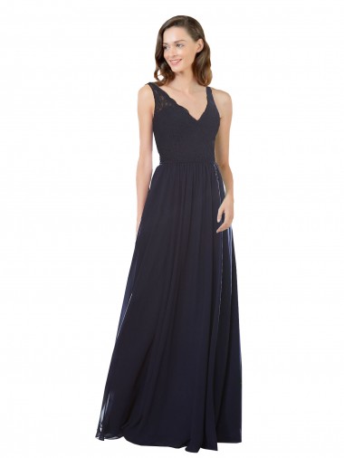 Comprar Azul marina oscuro línea A Cuello en V Gasa Encaje Largo Vestidos de dama de honor