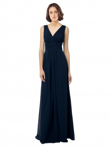 Comprar Azul marina oscuro línea A Cuello en V Gasa Largo Vestidos de dama de honor
