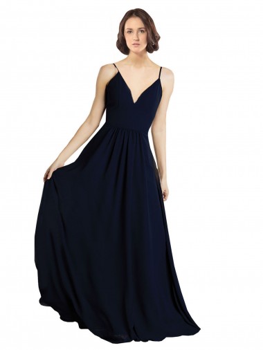 Comprar Azul marina oscuro línea A Cuello en V Gasa Largo Vestidos de dama de honor