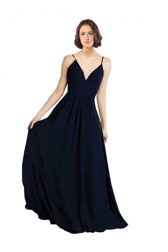 Comprar Azul marina oscuro línea A Cuello en V Gasa Largo Vestidos de dama de honor