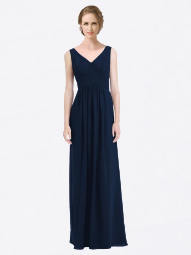 Comprar Azul marina oscuro línea A Cuello en V Gasa Largo Vestidos de dama de honor