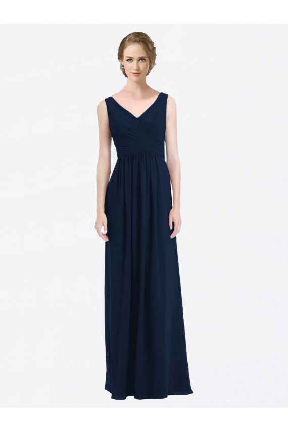 Comprar Azul marina oscuro línea A Cuello en V Gasa Largo Vestidos de dama de honor