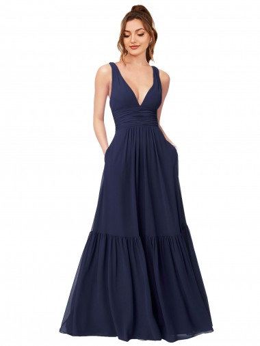 Comprar Azul marina oscuro línea A Cuello en V Gasa Largo Vestidos de dama de honor