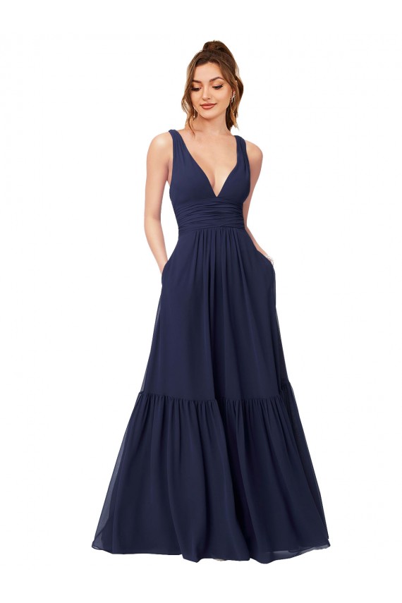 Comprar Azul marina oscuro línea A Cuello en V Gasa Largo Vestidos de dama de honor