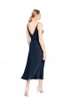 Comprar Azul marina oscuro línea A Cuello en V Midi Satén elástico Corto Formales Vestidos de dama de honor / Vestidos de fiesta / Vestidos de cóctel