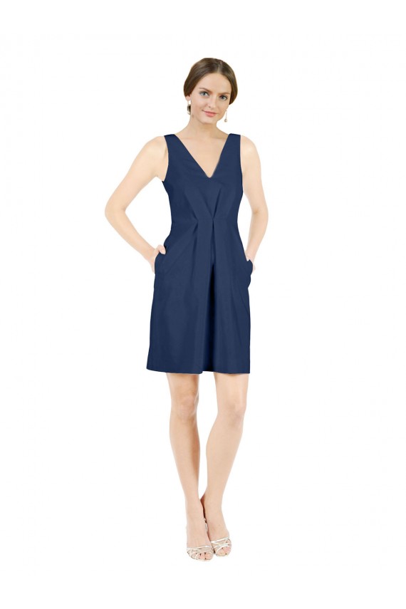 Comprar Azul marina oscuro línea A Cuello en V Satén Corto Vestidos de dama de honor / Vestidos de cóctel