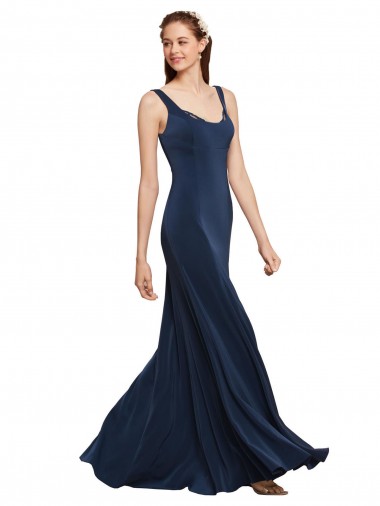 Comprar Azul marina oscuro línea A Cuello redondo Crepé Elástico Largo Formales Vestidos de dama de honor / Vestidos de fiesta