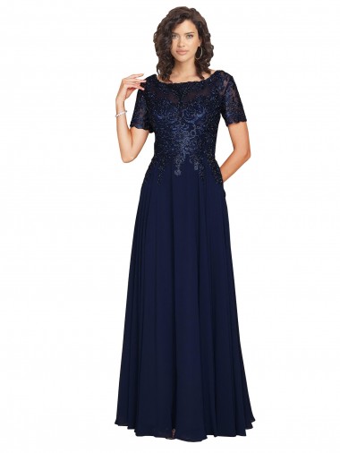 Comprar Azul marina oscuro línea A Cuello redondo Gasa Largo Vestidos de dama de honor / Vestidos de fiesta