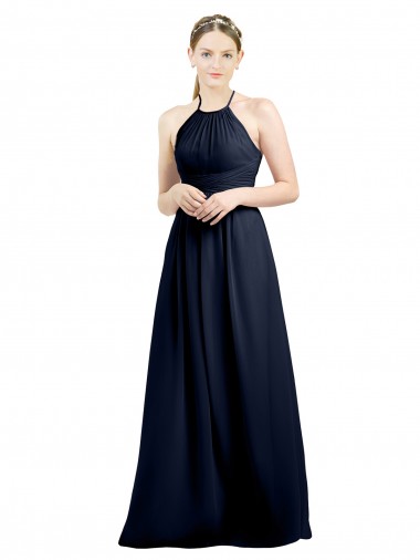 Comprar Azul marina oscuro línea A Halter Cuello Alto Gasa Largo Vestidos de dama de honor
