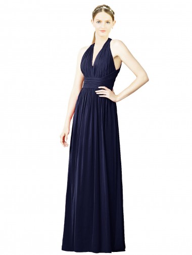 Comprar Azul marina oscuro línea A Halter Cuello en V Gasa Largo Vestidos de dama de honor