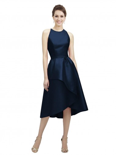 Comprar Azul marina oscuro línea A Halter Cuello joya Satén Corto Asimétrico Vestidos de dama de honor