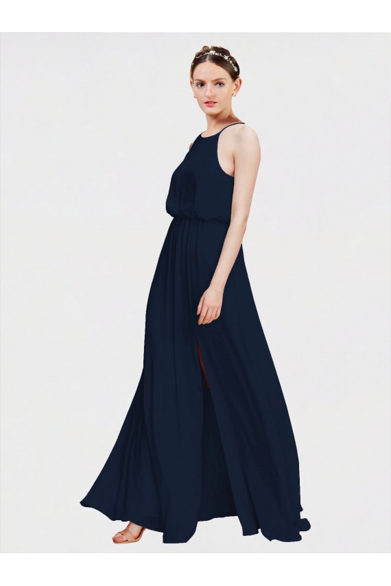 Comprar Azul marina oscuro línea A Halter Gasa Largo Vestidos de dama de honor