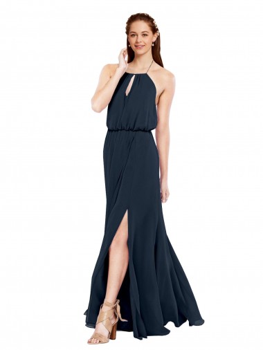 Comprar Azul marina oscuro línea A Halter Gasa Largo Vestidos de dama de honor