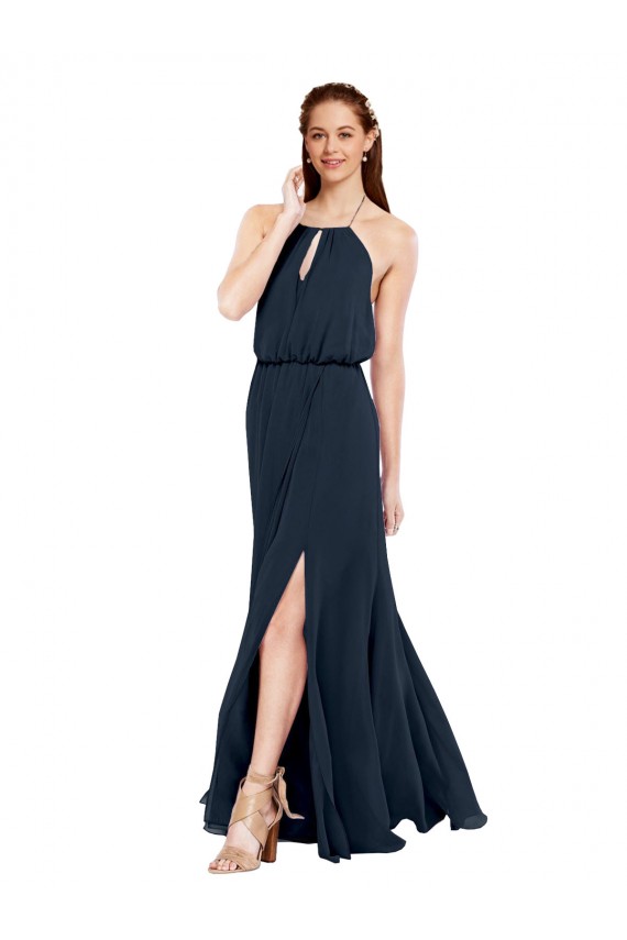 Comprar Azul marina oscuro línea A Halter Gasa Largo Vestidos de dama de honor