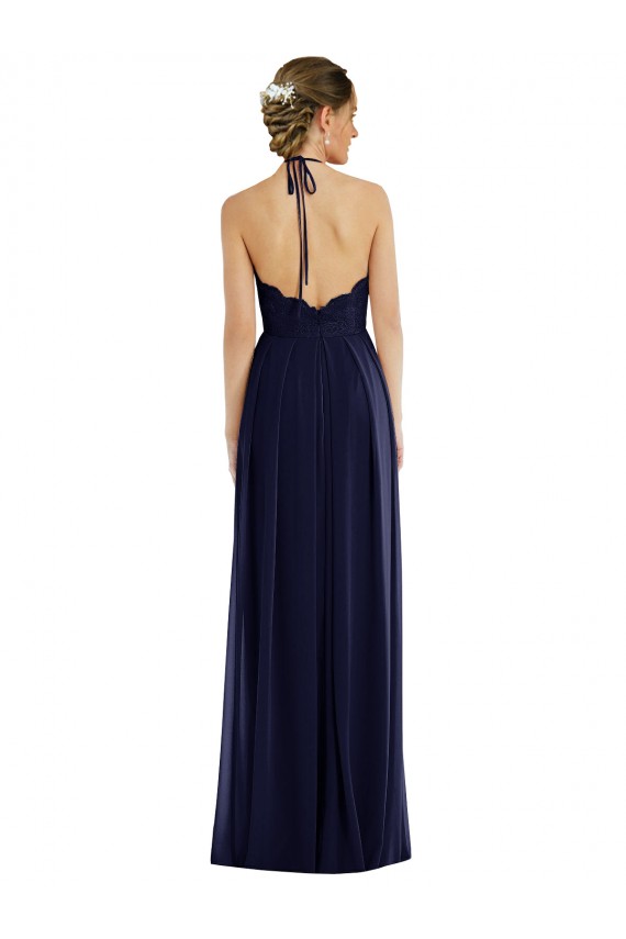 Comprar Azul marina oscuro línea A Halter Gasa Largo Vestidos de dama de honor