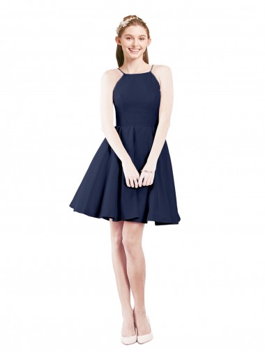 Comprar Azul marina oscuro línea A Halter Satén Corto Vestidos de dama de honor / Vestidos de cóctel