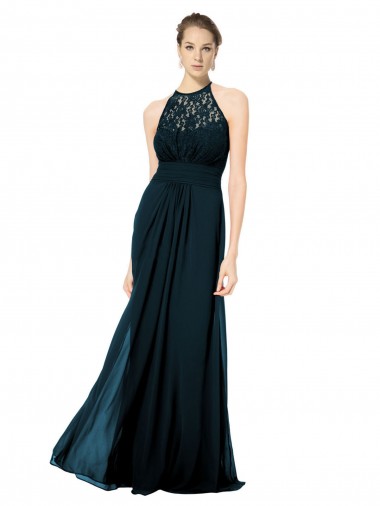 Comprar Azul marina oscuro línea A Halter Ilusión Gasa Encaje Largo Vestidos de dama de honor
