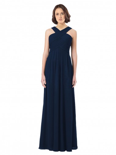Comprar Azul marina oscuro línea A Hombros Descubiertos Gasa Largo Vestidos de dama de honor