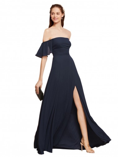 Comprar Azul marina oscuro línea A Hombros Descubiertos Gasa Largo Vestidos de dama de honor / Vestidos de fiesta