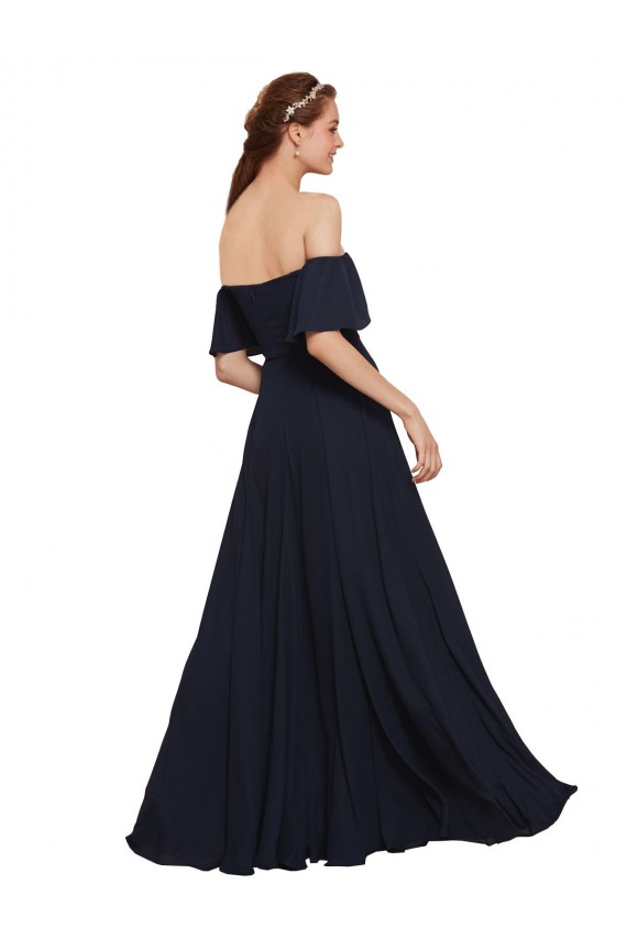 Comprar Azul marina oscuro línea A Hombros Descubiertos Gasa Largo Vestidos de dama de honor / Vestidos de fiesta