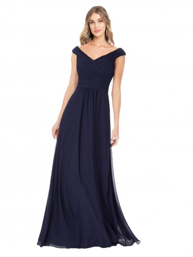 Comprar Azul marina oscuro línea A Hombros Descubiertos Gasa Largo Vestidos de dama de honor