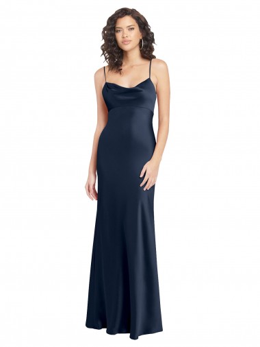 Comprar Azul marina oscuro línea A Satén elástico Largo Formales Vestidos de dama de honor / Vestidos de fiesta