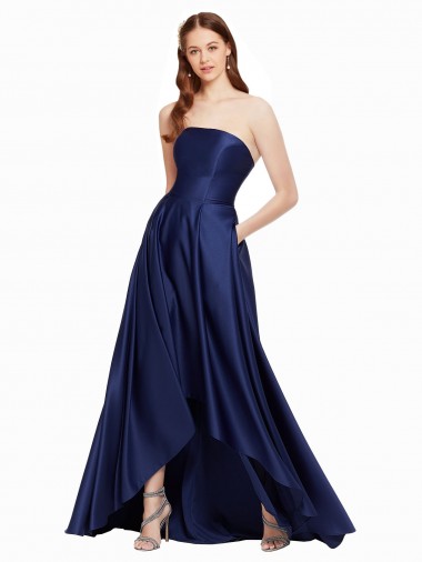 Comprar Azul marina oscuro línea A Sin tirantes Satén Largo Asimétrico Formales Vestidos de dama de honor / Vestidos de fiesta