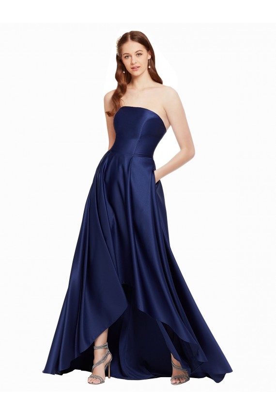 Comprar Azul marina oscuro línea A Sin tirantes Satén Largo Asimétrico Formales Vestidos de dama de honor / Vestidos de fiesta