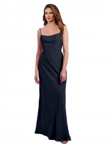Comprar Azul marina oscuro línea A Tirantes espagueti Cucharón Gasa Largo Vestidos de dama de honor
