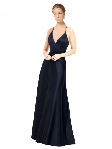 Comprar Azul marina oscuro línea A Tirantes espagueti Cuello en V Satén Largo Vestidos de dama de honor / Vestidos de fiesta