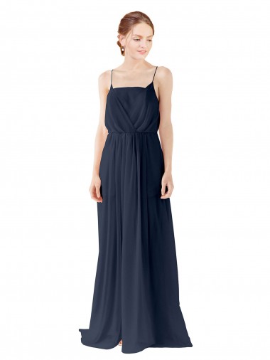 Comprar Azul marina oscuro línea A Tirantes espagueti Gasa Largo Vestidos de dama de honor