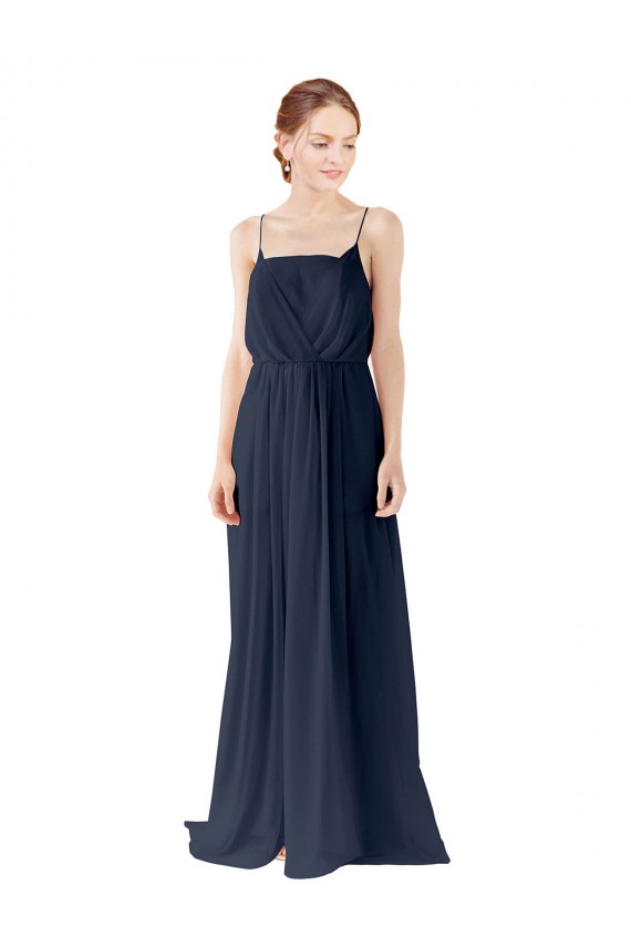 Comprar Azul marina oscuro línea A Tirantes espagueti Gasa Largo Vestidos de dama de honor