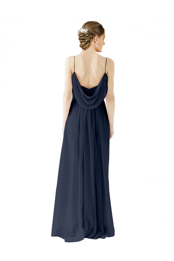 Comprar Azul marina oscuro línea A Tirantes espagueti Gasa Largo Vestidos de dama de honor