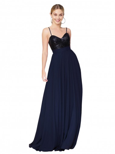 Comprar Azul marina oscuro línea A Tirantes espagueti Gasa Lentejuela Largo Vestidos de dama de honor / Vestidos de fiesta