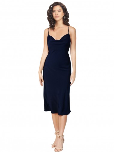 Comprar Azul marina oscuro línea A Tirantes espagueti Midi Satén sedoso Corto Formales Vestidos de dama de honor / Vestidos de fiesta / Vestidos de cóctel