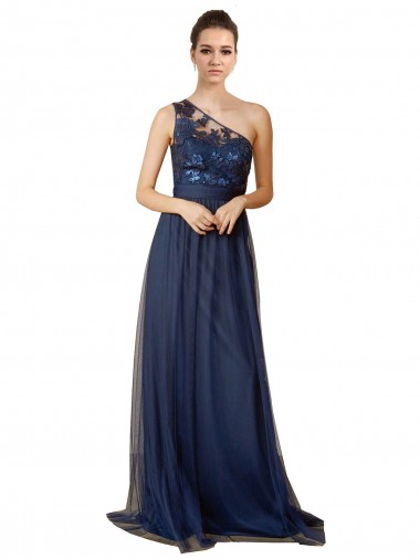 Comprar Azul marina oscuro línea A Un Hombre Barrer tren Tul Largo Vestidos de dama de honor
