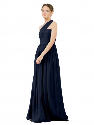Comprar Azul marina oscuro línea A Un Hombre Gasa Largo Vestidos de dama de honor