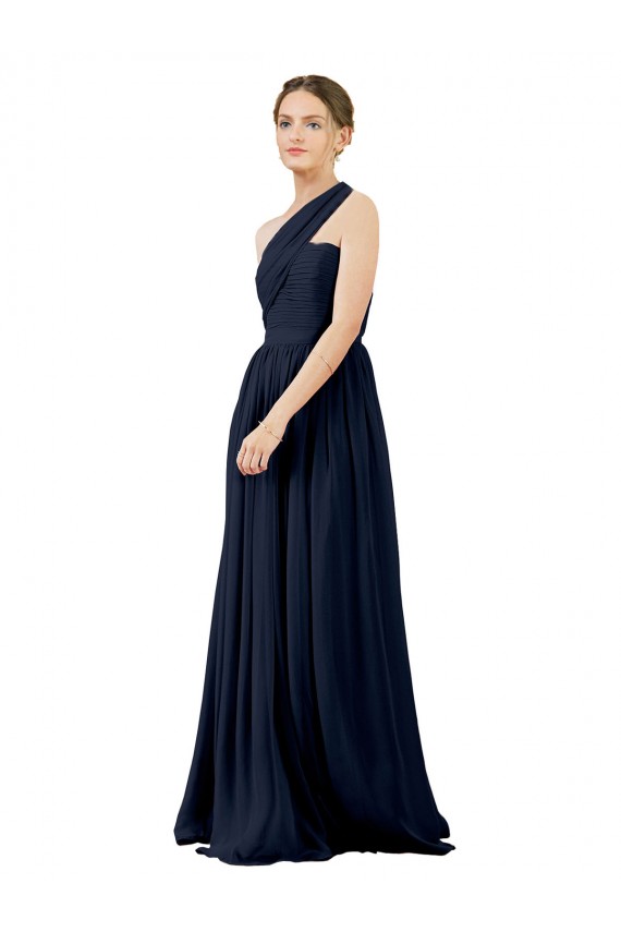 Comprar Azul marina oscuro línea A Un Hombre Gasa Largo Vestidos de dama de honor