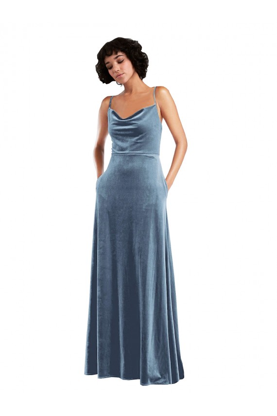 Comprar Azul polvoriento Cubierta Terciopelo Elástico Largo Vestidos de dama de honor / Vestidos de fiesta