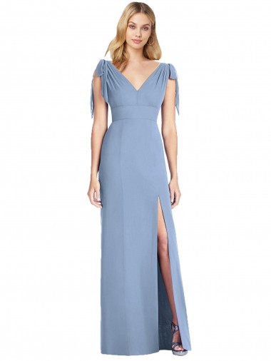 Comprar Azul polvoriento Sirena Cuello en V Gasa Largo Vestidos de dama de honor