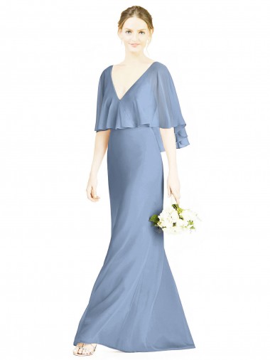 Comprar Azul polvoriento Trompeta Cuello en V Gasa Largo Vestidos de dama de honor