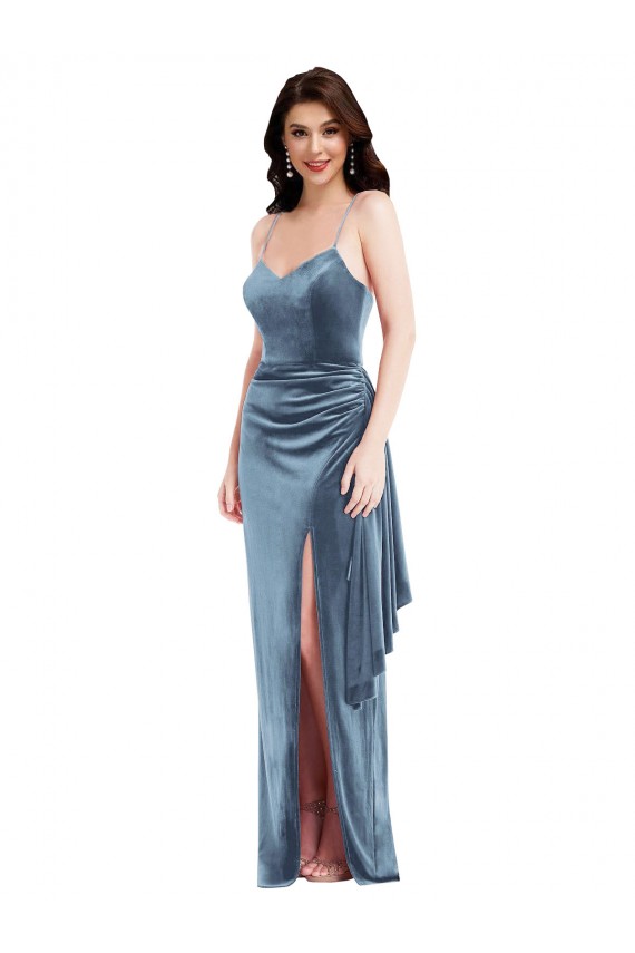 Comprar Azul polvoriento Trompeta Tirantes espagueti Terciopelo Elástico Largo Formales Vestidos de dama de honor / Vestidos de fiesta