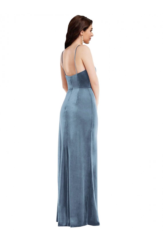 Comprar Azul polvoriento Trompeta Tirantes espagueti Terciopelo Elástico Largo Formales Vestidos de dama de honor / Vestidos de fiesta