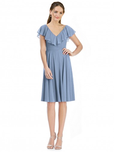 Comprar Azul polvoriento línea A Cuello en V Cóctel Gasa Corto Vestidos de dama de honor