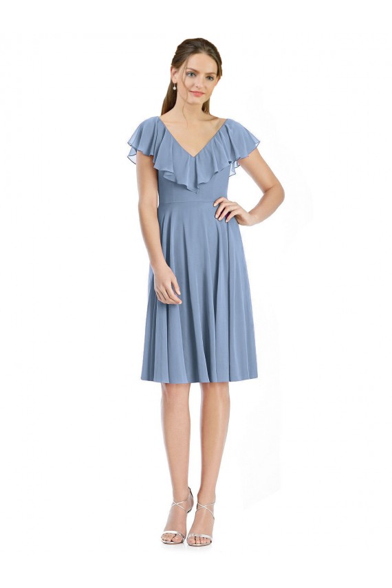 Comprar Azul polvoriento línea A Cuello en V Cóctel Gasa Corto Vestidos de dama de honor