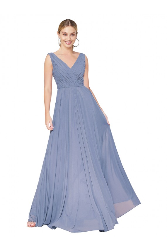 Comprar Azul polvoriento línea A Cuello en V Cuello Alto Gasa Largo Formales Vestidos de dama de honor / Vestidos de fiesta