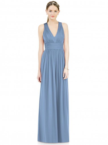 Comprar Azul polvoriento línea A Cuello en V Gasa Largo Vestidos de dama de honor