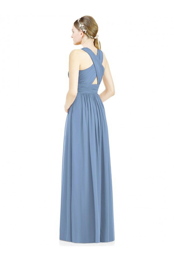 Comprar Azul polvoriento línea A Cuello en V Gasa Largo Vestidos de dama de honor