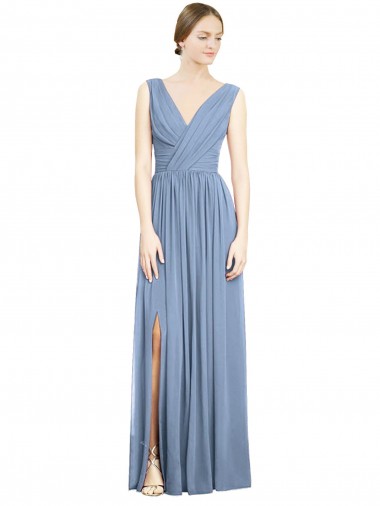 Comprar Azul polvoriento línea A Cuello en V Gasa Largo Vestidos de dama de honor