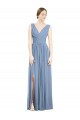 Comprar Azul polvoriento línea A Cuello en V Gasa Largo Vestidos de dama de honor